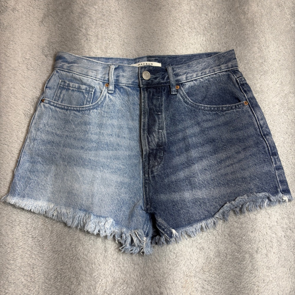 PacSun Denim Shorts Womens 26 Blue Two Tone Colorblock Vintage High Rise Frayed